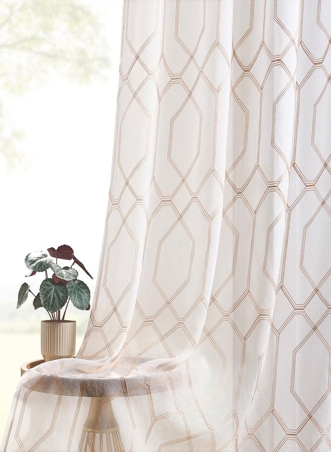 SEEKRIGHT Beige and White Geometry Sheer Curtains 96 Inches Long 2 Panels for Living Room Office Embroidered Geometric Hexagon Curtains Light Filtering Rod Pocket Neutral Moroccan Tile Lattice Drapes, 50x96 - Image 5